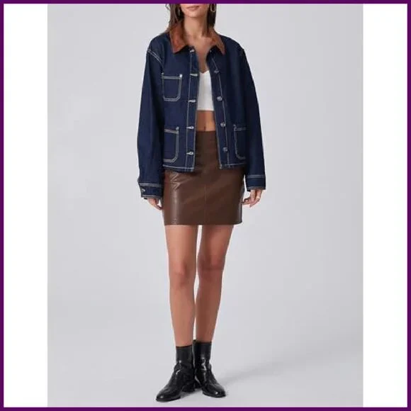 Vintage Denim Jacket with Corduroy Collar Loose Fit Button Down Shacket